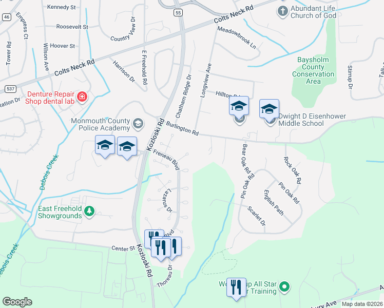 map of restaurants, bars, coffee shops, grocery stores, and more near 6 Dickenson Court in Freehold