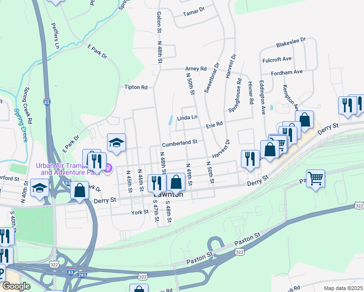 map of restaurants, bars, coffee shops, grocery stores, and more near 224 North 49th Street in Harrisburg