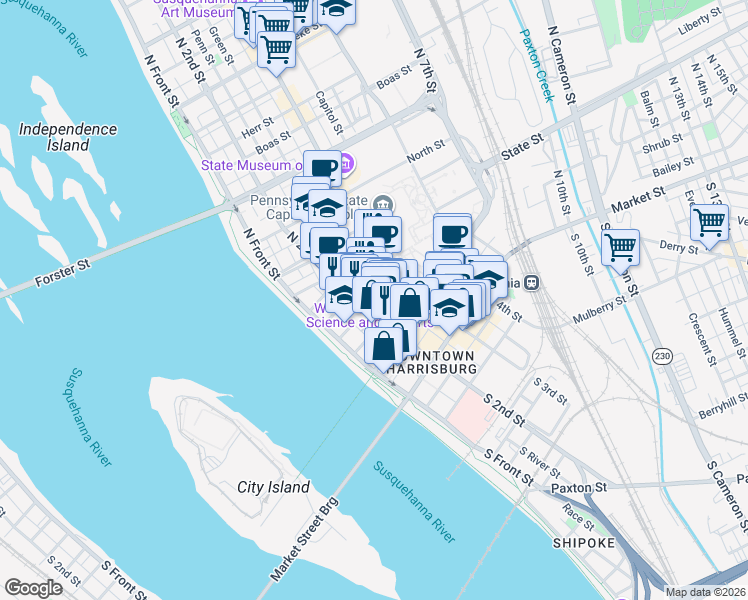 map of restaurants, bars, coffee shops, grocery stores, and more near 221 North 2nd Street in Harrisburg