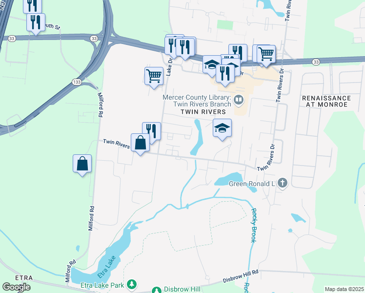 map of restaurants, bars, coffee shops, grocery stores, and more near 8F Twin Rivers Drive in East Windsor