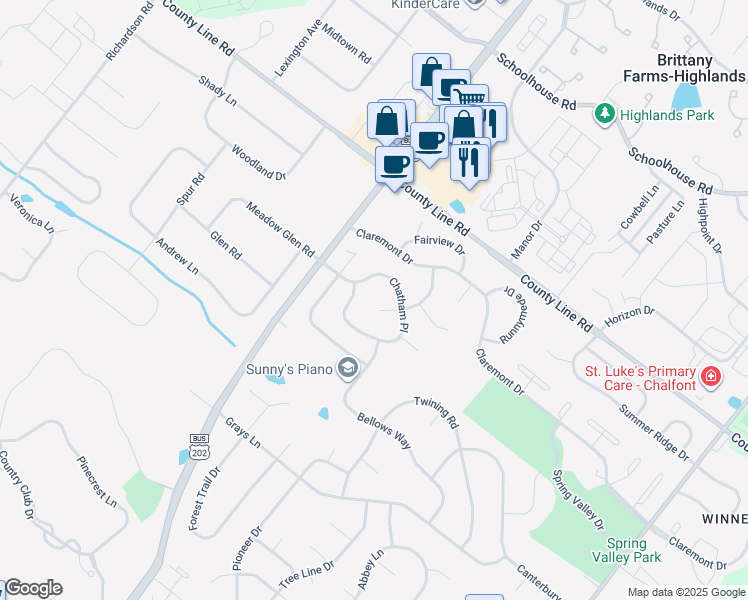map of restaurants, bars, coffee shops, grocery stores, and more near 208 Durham Way in Lansdale