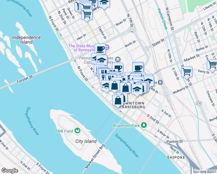map of restaurants, bars, coffee shops, grocery stores, and more near 270 North 2nd Street in Harrisburg