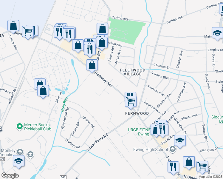 map of restaurants, bars, coffee shops, grocery stores, and more near 1201 Parkway Avenue in Ewing Township