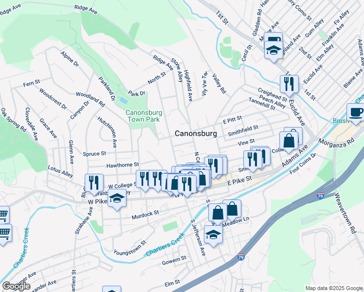 map of restaurants, bars, coffee shops, grocery stores, and more near 27 Scott Way in Canonsburg