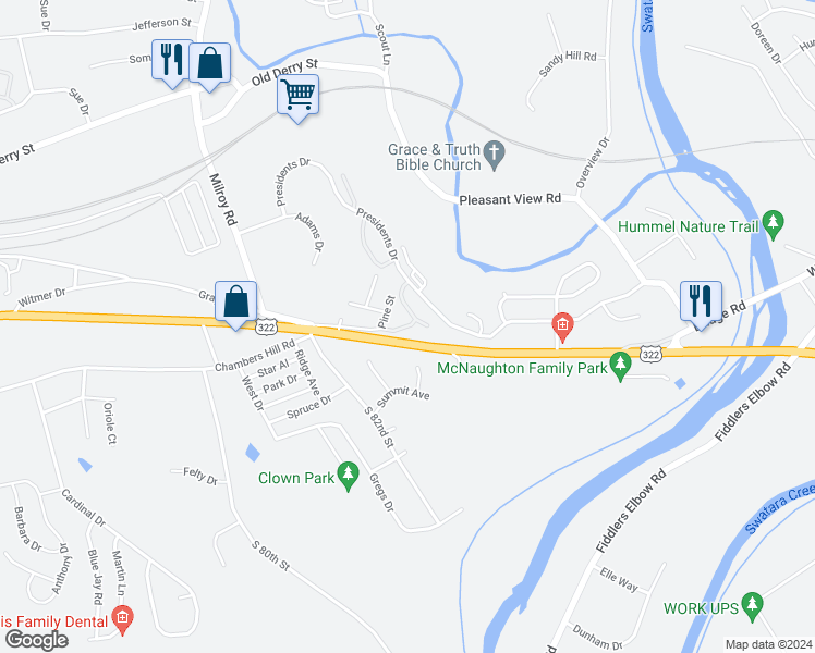 map of restaurants, bars, coffee shops, grocery stores, and more near 8433 Hilton Street in Hummelstown