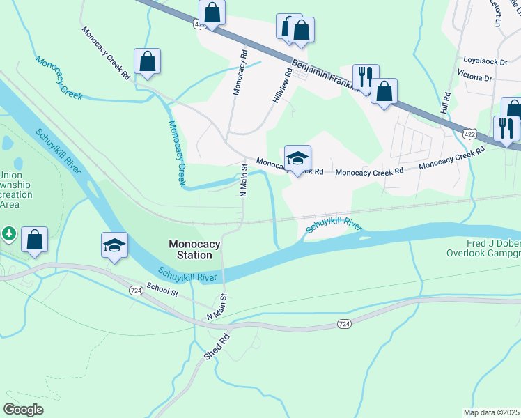 map of restaurants, bars, coffee shops, grocery stores, and more near 143 North Main Street in Douglassville