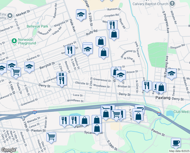 map of restaurants, bars, coffee shops, grocery stores, and more near 2510 Greenwood Street in Harrisburg