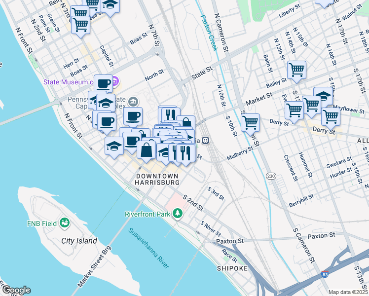 map of restaurants, bars, coffee shops, grocery stores, and more near 335 Market Street in Harrisburg