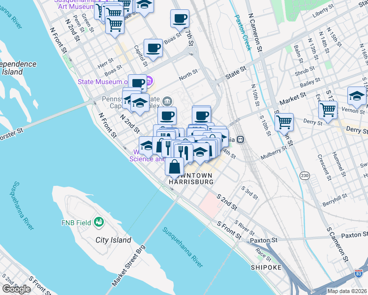 map of restaurants, bars, coffee shops, grocery stores, and more near in Harrisburg