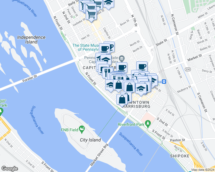 map of restaurants, bars, coffee shops, grocery stores, and more near 125 Pine Street in Harrisburg