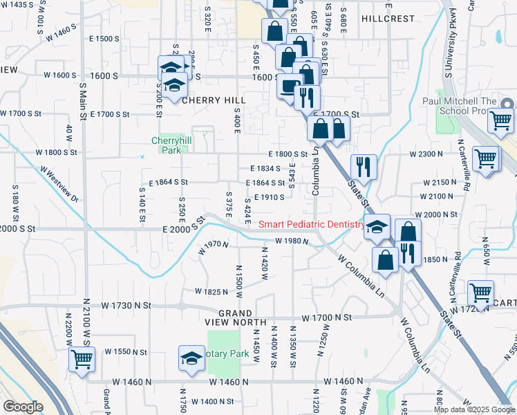 map of restaurants, bars, coffee shops, grocery stores, and more near 447 East 1960 South in Orem