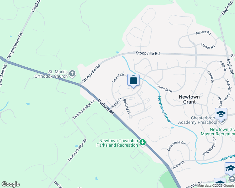 map of restaurants, bars, coffee shops, grocery stores, and more near 11 Aspen Court in Newtown