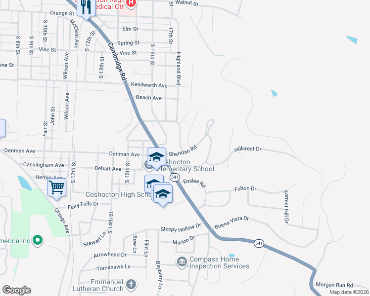 map of restaurants, bars, coffee shops, grocery stores, and more near 925 Sheridan Rd in Coshocton