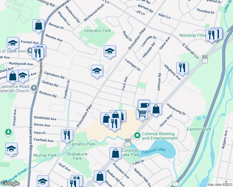 map of restaurants, bars, coffee shops, grocery stores, and more near 114 Coolidge Avenue in Trenton