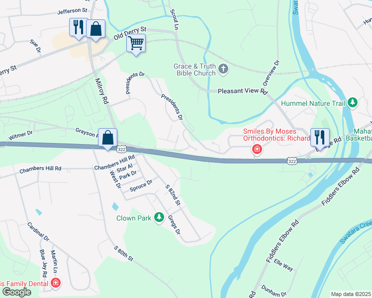 map of restaurants, bars, coffee shops, grocery stores, and more near 8437 Hilton Street in Hummelstown