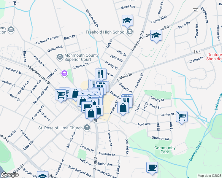 map of restaurants, bars, coffee shops, grocery stores, and more near 56 East Main Street in Freehold