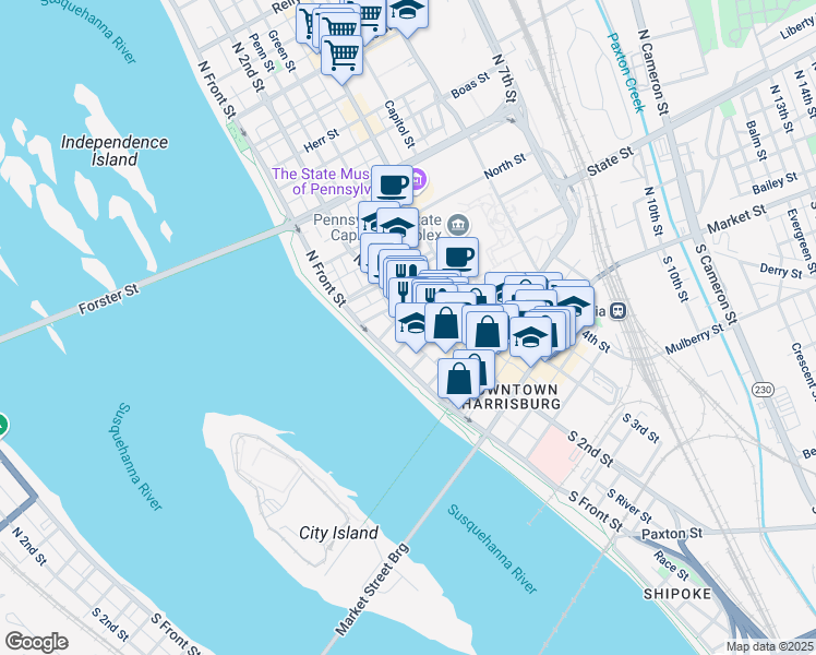 map of restaurants, bars, coffee shops, grocery stores, and more near 124 Pine Street in Harrisburg