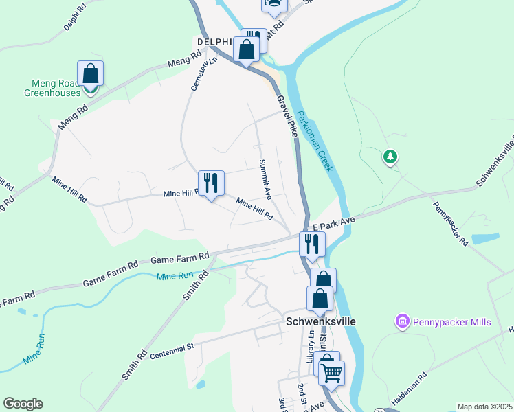map of restaurants, bars, coffee shops, grocery stores, and more near 722 Mine Hill Road in Schwenksville