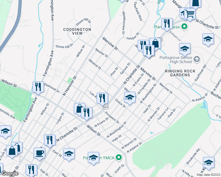 map of restaurants, bars, coffee shops, grocery stores, and more near 1000 Spruce Street in Pottstown