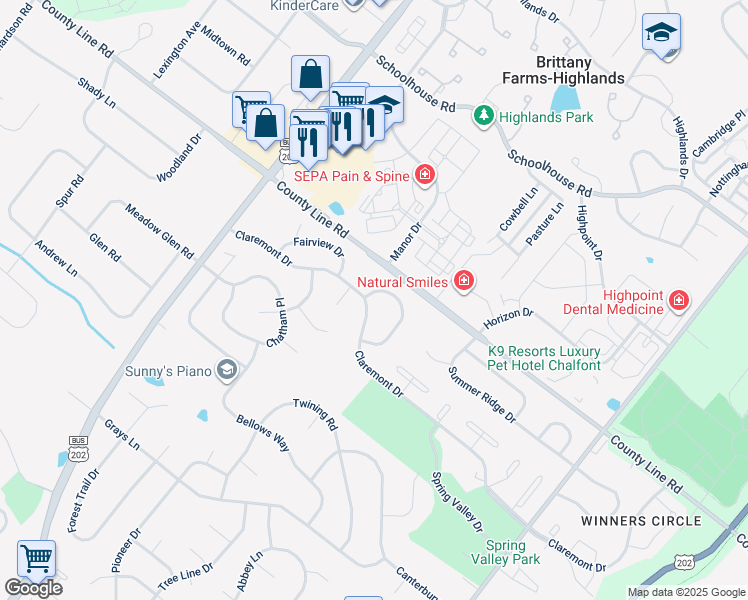 map of restaurants, bars, coffee shops, grocery stores, and more near 100 Runnymede Drive in Lansdale