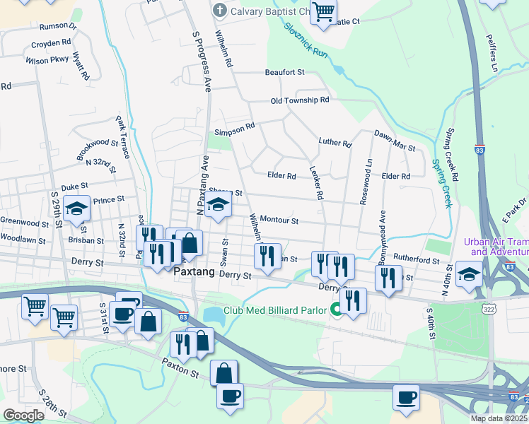 map of restaurants, bars, coffee shops, grocery stores, and more near 3704 Montour Street in Harrisburg