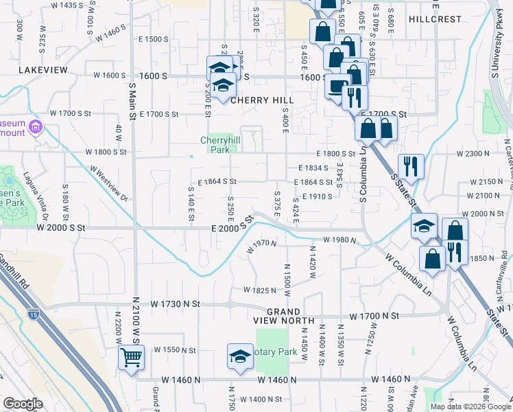 map of restaurants, bars, coffee shops, grocery stores, and more near 327 East 2000 South Street in Orem