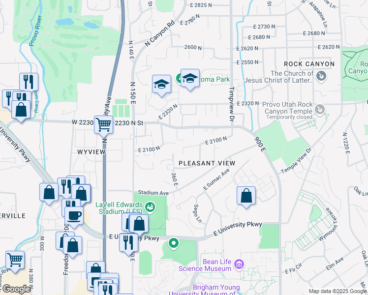 map of restaurants, bars, coffee shops, grocery stores, and more near 401 East 2100 North in Provo