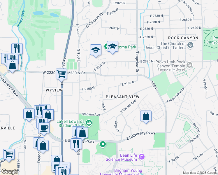 map of restaurants, bars, coffee shops, grocery stores, and more near 423 East 2100 North in Provo