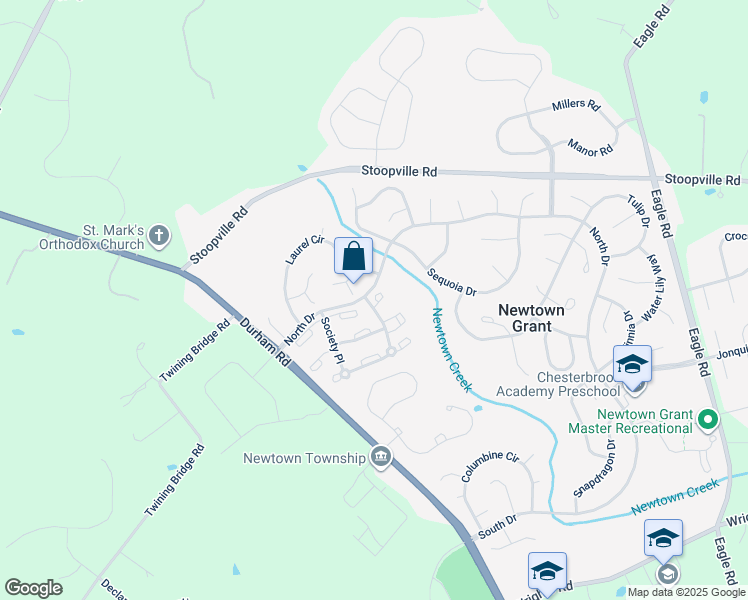 map of restaurants, bars, coffee shops, grocery stores, and more near 3503 Society Place in Newtown