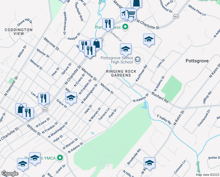 map of restaurants, bars, coffee shops, grocery stores, and more near 573 Mervine Street in Pottstown