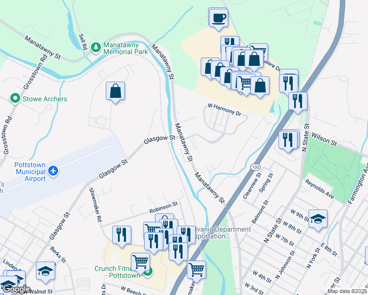 map of restaurants, bars, coffee shops, grocery stores, and more near 617 Manatawny Street in Pottstown