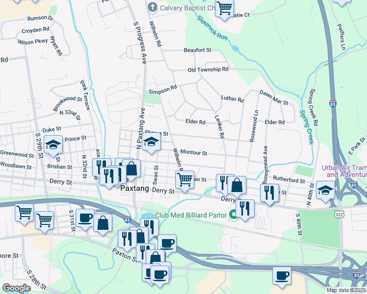map of restaurants, bars, coffee shops, grocery stores, and more near 3704 Montour Street in Harrisburg