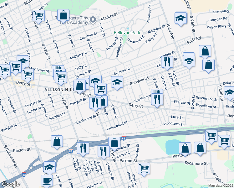map of restaurants, bars, coffee shops, grocery stores, and more near 2041 Berryhill Street in Harrisburg