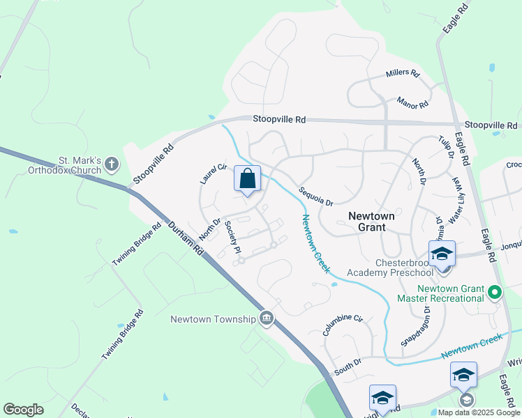 map of restaurants, bars, coffee shops, grocery stores, and more near 3515 Society Place in Newtown