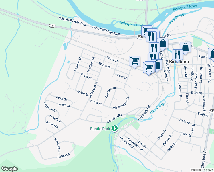 map of restaurants, bars, coffee shops, grocery stores, and more near Silver Brook Drive in Birdsboro