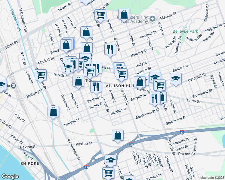 map of restaurants, bars, coffee shops, grocery stores, and more near 333 South 16th Street in Harrisburg