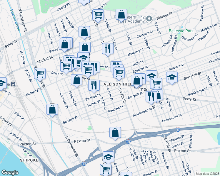 map of restaurants, bars, coffee shops, grocery stores, and more near 333 South 16th Street in Harrisburg