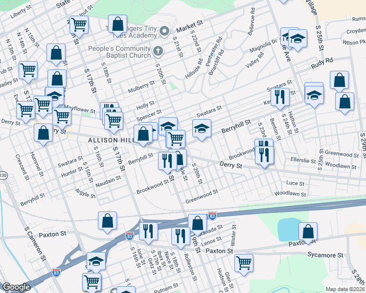map of restaurants, bars, coffee shops, grocery stores, and more near 1947 Berryhill Street in Harrisburg
