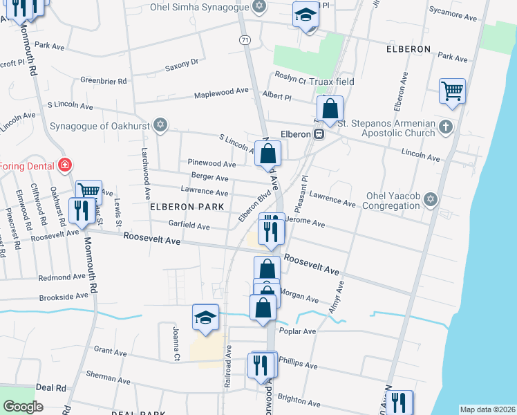 map of restaurants, bars, coffee shops, grocery stores, and more near 214 Elberon Boulevard in Ocean Township