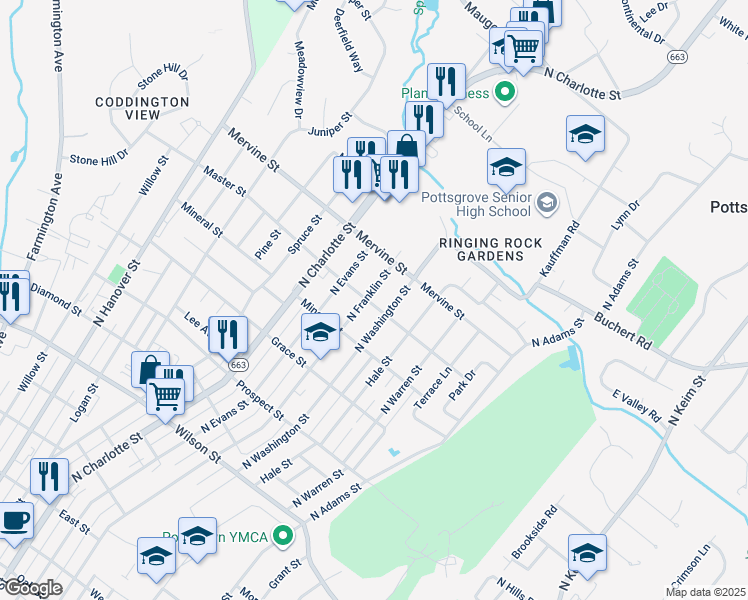 map of restaurants, bars, coffee shops, grocery stores, and more near 1114 North Franklin Street in Pottstown