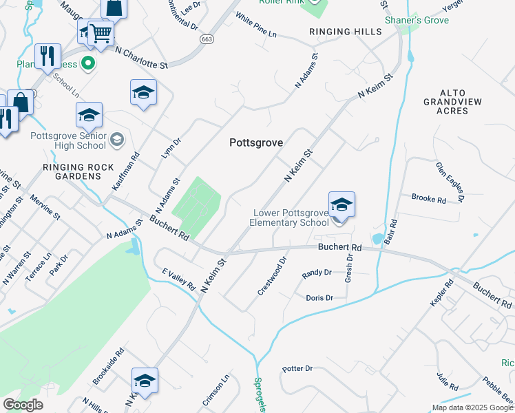 map of restaurants, bars, coffee shops, grocery stores, and more near 1405 North Keim Street in Pottstown