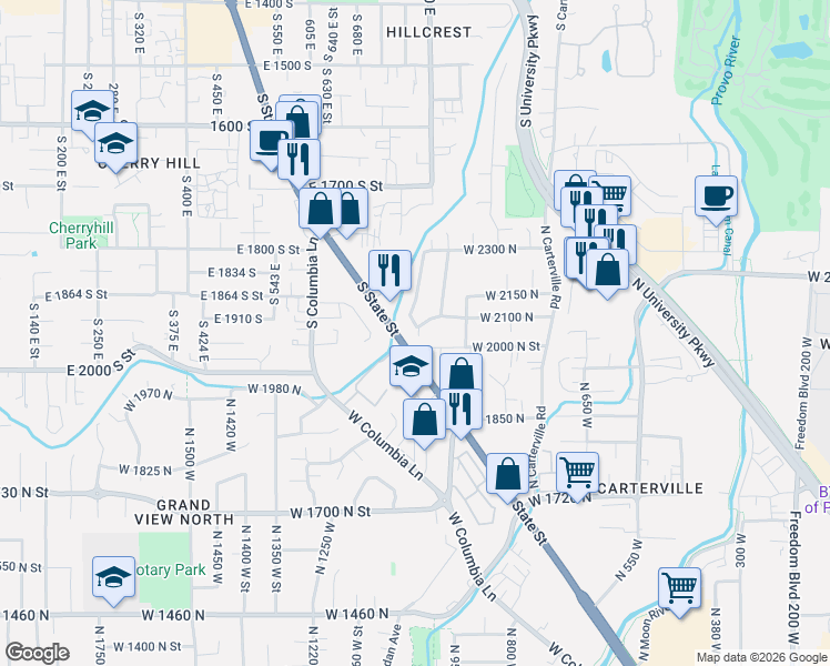 map of restaurants, bars, coffee shops, grocery stores, and more near 1055 West 2100 North in Provo