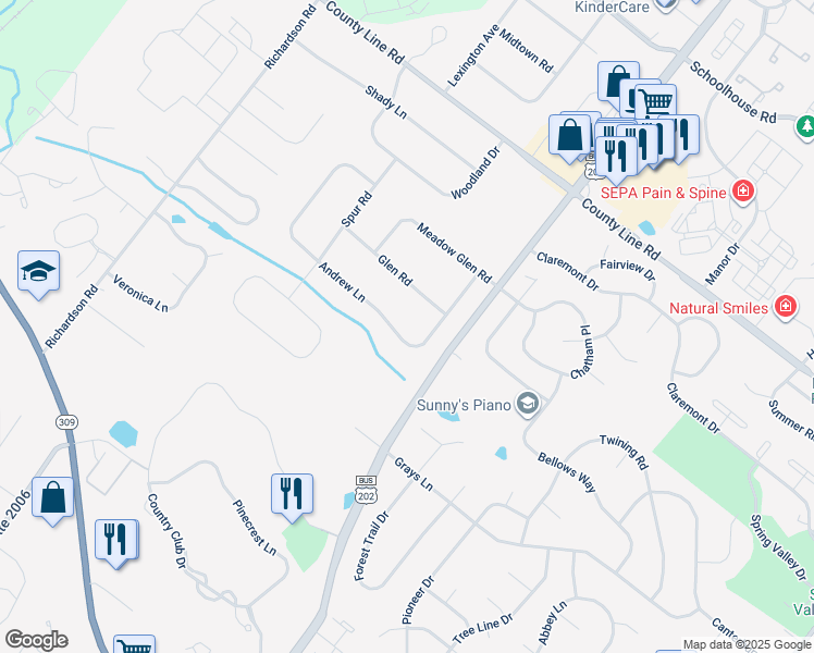 map of restaurants, bars, coffee shops, grocery stores, and more near 29 Andrew Lane in Lansdale
