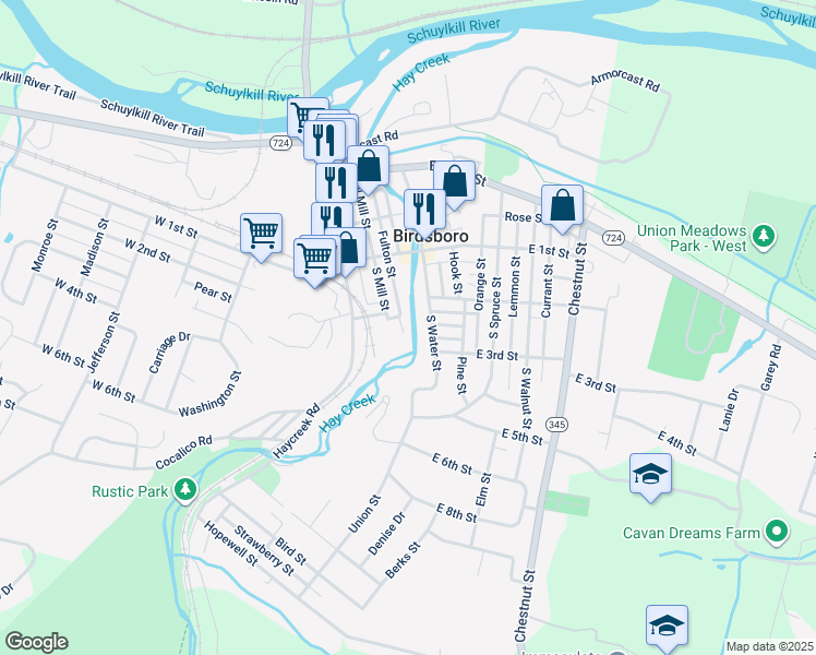 map of restaurants, bars, coffee shops, grocery stores, and more near 217 Fulton Street in Birdsboro