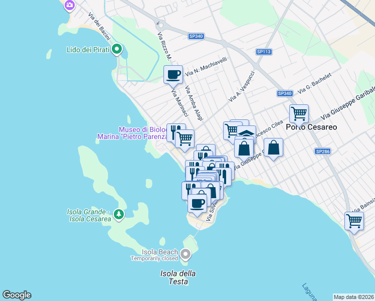 map of restaurants, bars, coffee shops, grocery stores, and more near 92 Via Vincenzo Monti in Porto Cesareo
