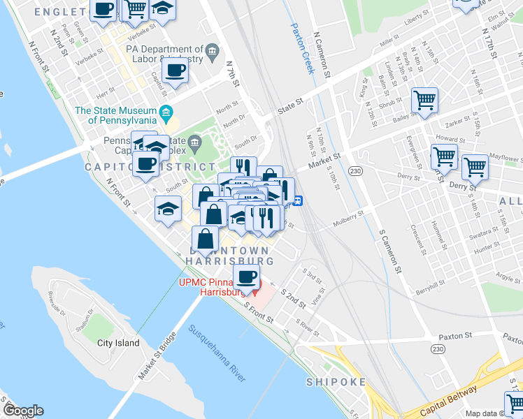 map of restaurants, bars, coffee shops, grocery stores, and more near 346-398 Market St in Harrisburg
