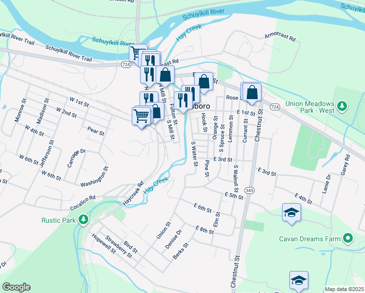 map of restaurants, bars, coffee shops, grocery stores, and more near 217 Fulton Street in Birdsboro