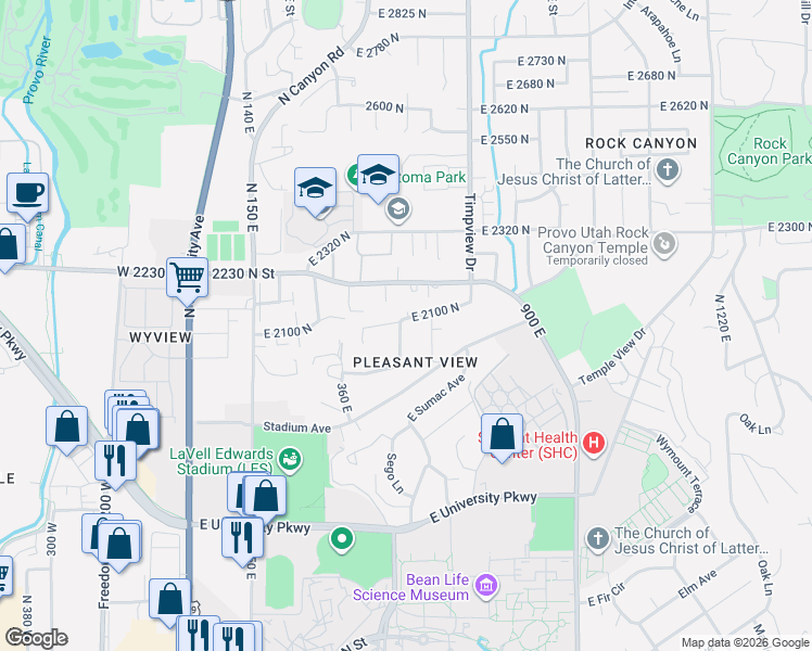 map of restaurants, bars, coffee shops, grocery stores, and more near 2051 Stadium Lane in Provo