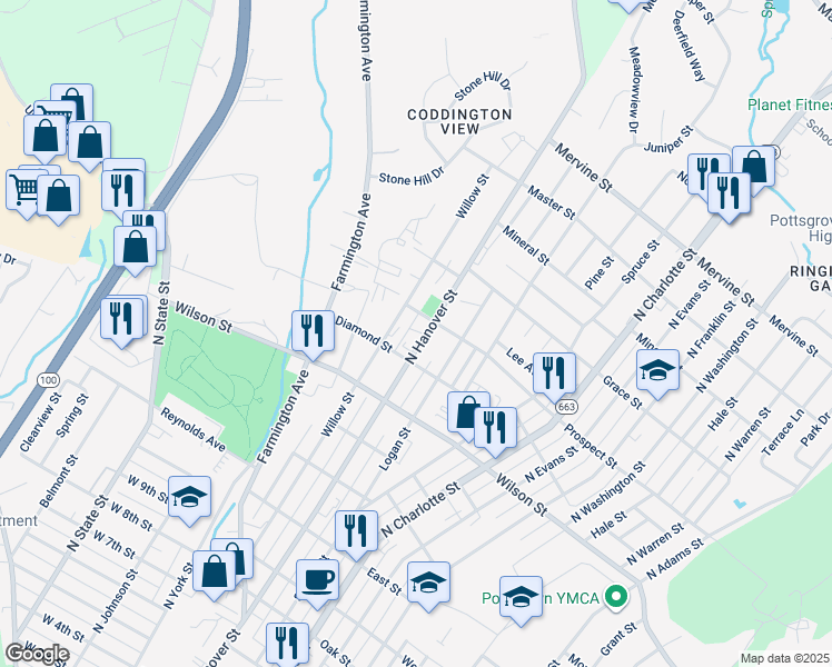 map of restaurants, bars, coffee shops, grocery stores, and more near 876 North Hanover Street in Pottstown