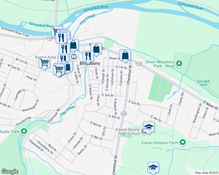map of restaurants, bars, coffee shops, grocery stores, and more near 237 South Spruce Street in Birdsboro